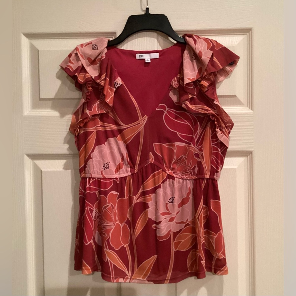 DR2 Women's Floral Fully Lined Ruffle Top - burgundy/orange/pale pink size small